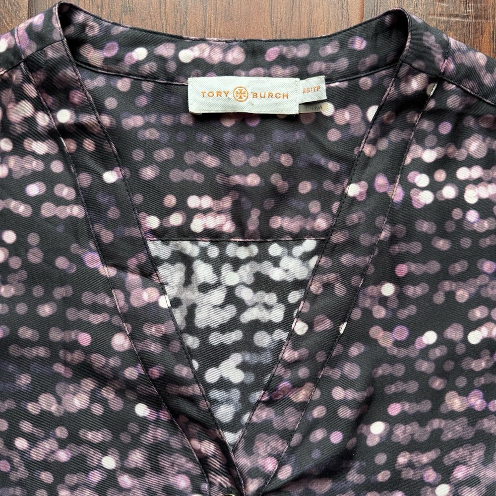 Tory Burch Silk Blouse Purple Black Blurred Dot XS Career Business Designer Luxe - Picture 14 of 16